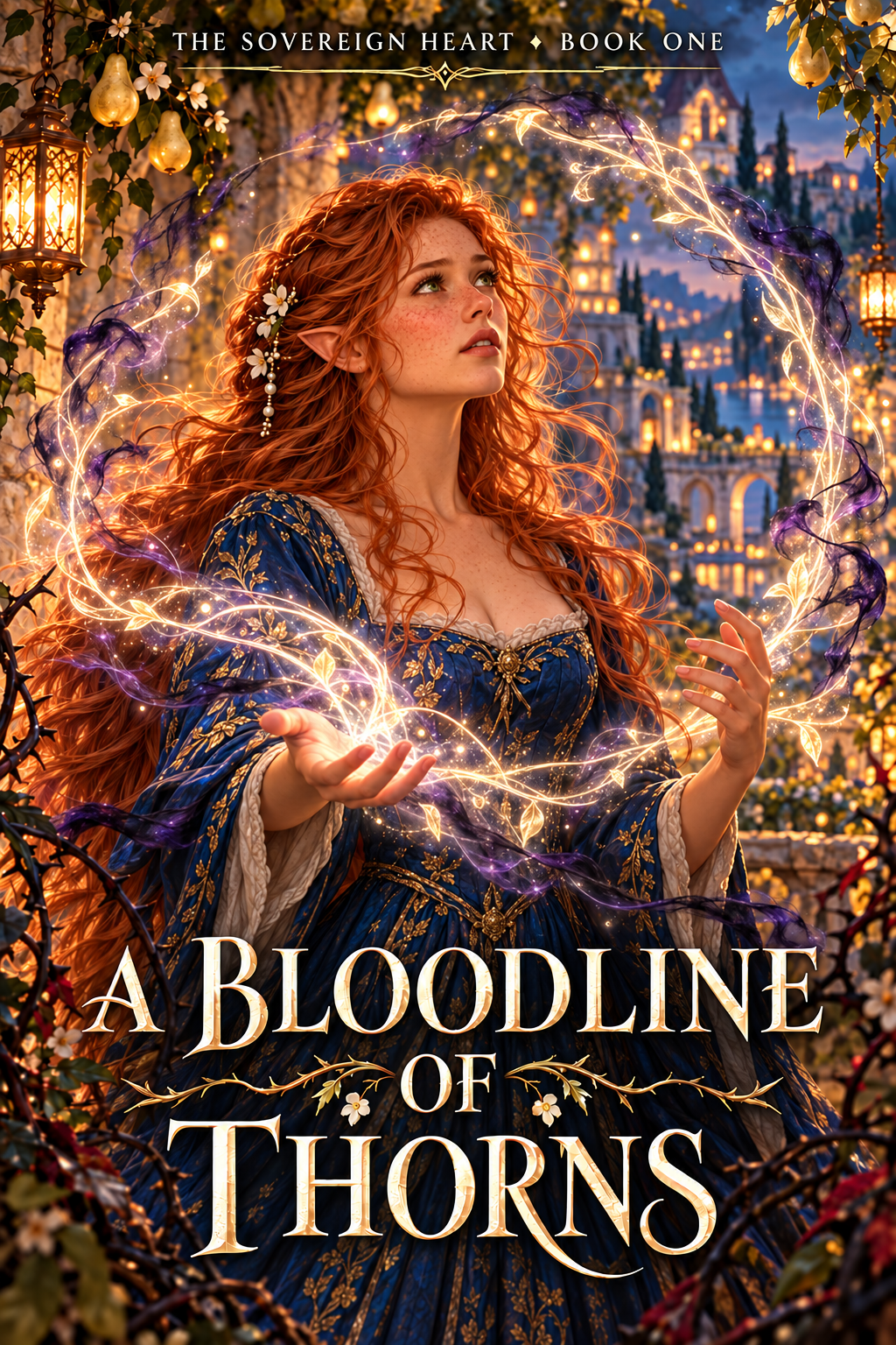 A Bloodline of Thorns cover: copper-haired Arielle surrounded by glowing magic in a lantern-lit city