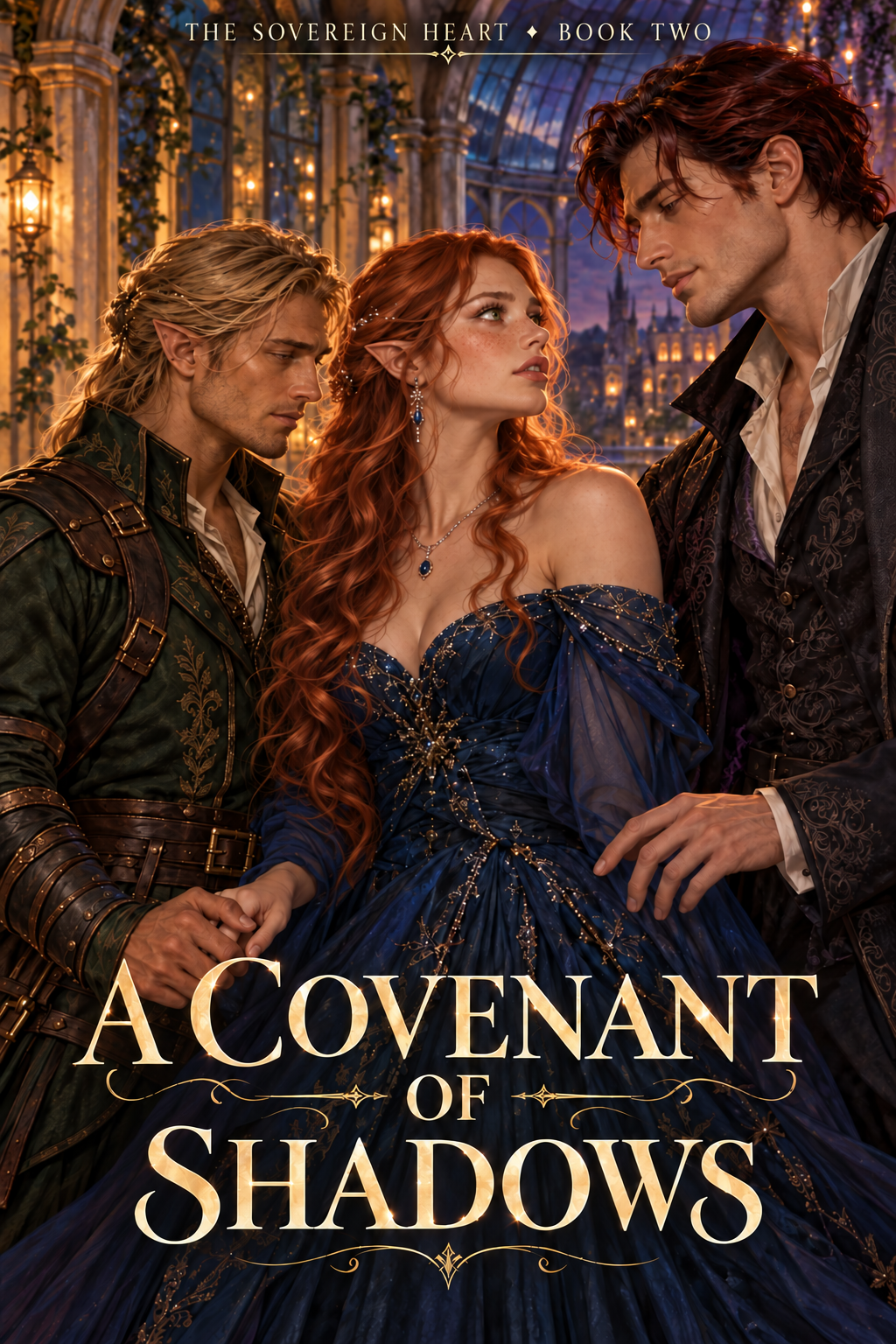 A Covenant of Shadows cover: Arielle between Caelan and Lucien beneath a glass conservatory roof