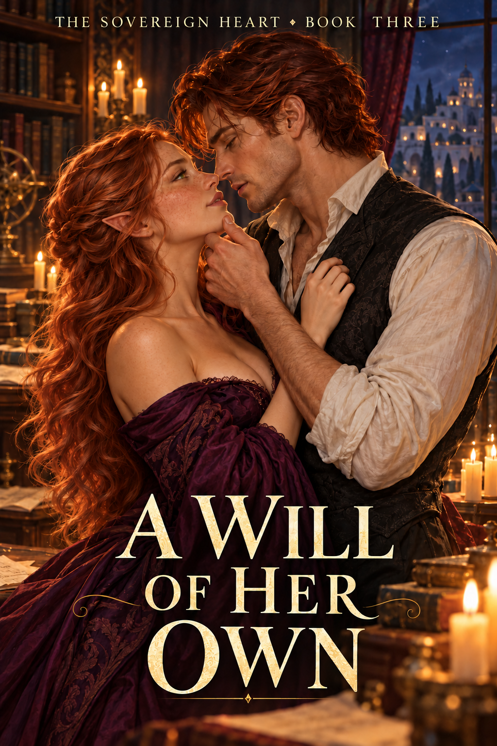 A Will of Her Own cover: Arielle and Lucien about to kiss in a candlelit library